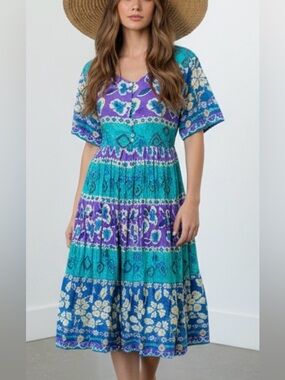 VINTAGE- 1980 Floral Blue and Purple Midi Dress